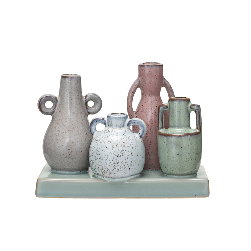 Stoneware Mounted Vases with Reactive Glaze, Set of 4