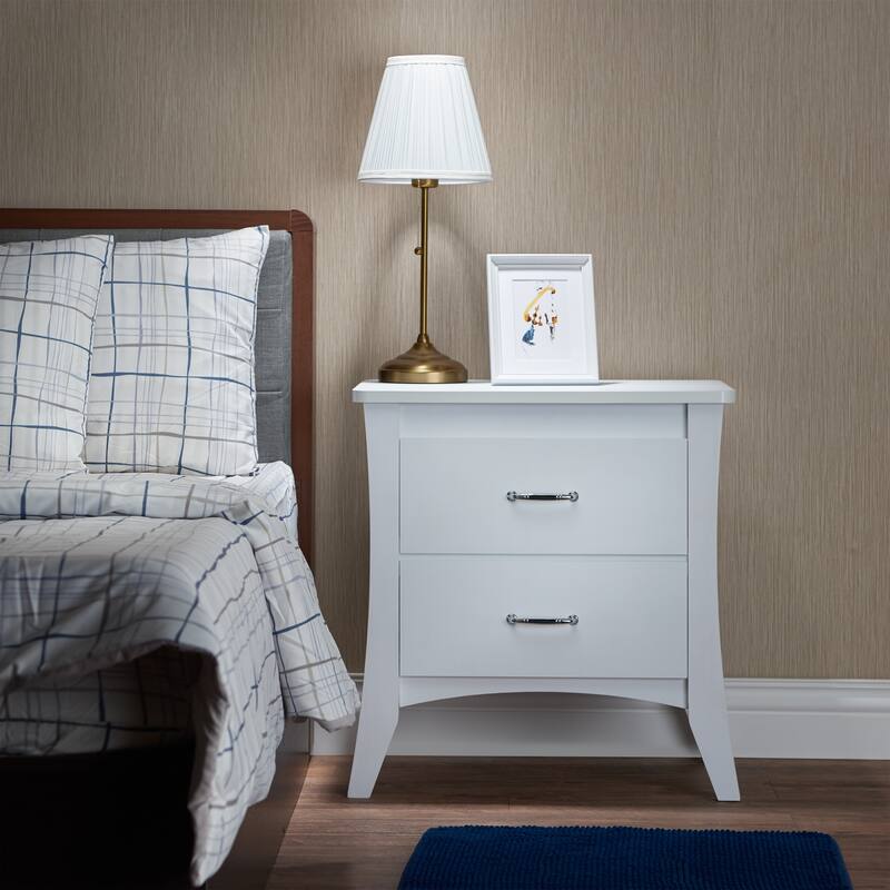 White 2-Drawer Wooden Nightstand with Safety Stop
