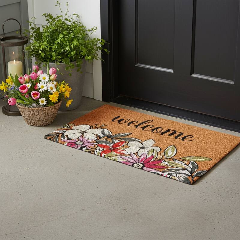 HomeRoots 17" X 29" Brown Black And White Floral Welcome Outdoor Coir Door Mat - 17.00' X '29.00 - 17.00' X '29.00