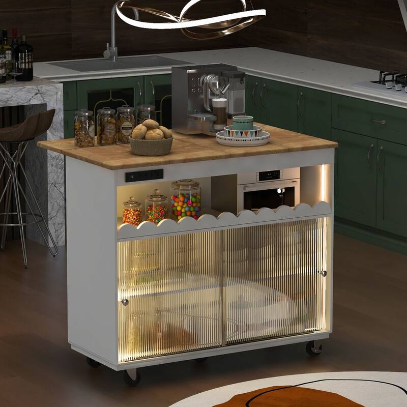44 in. Rubber Wood Drop-Leaf Countertop Kitchen Island on 5 Wheels with Open Shelf and Wine Rack