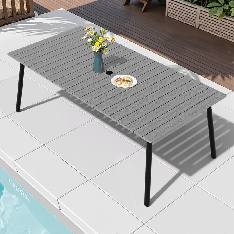 82.7in Outdoor Patio Rectangle Aluminum Wood-Like Dining Table with Umbrella Hole