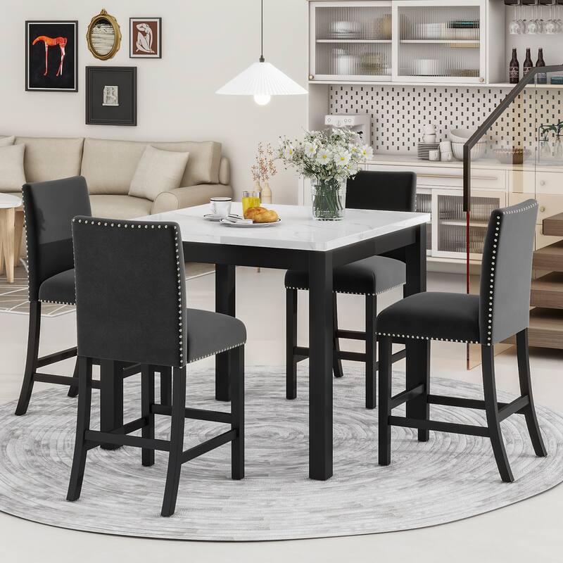5 Piece Counter Height Kitchen Table Set, Faux Marble Top Square Dining Table with 4 Velvet Upholstered Chairs - Black
