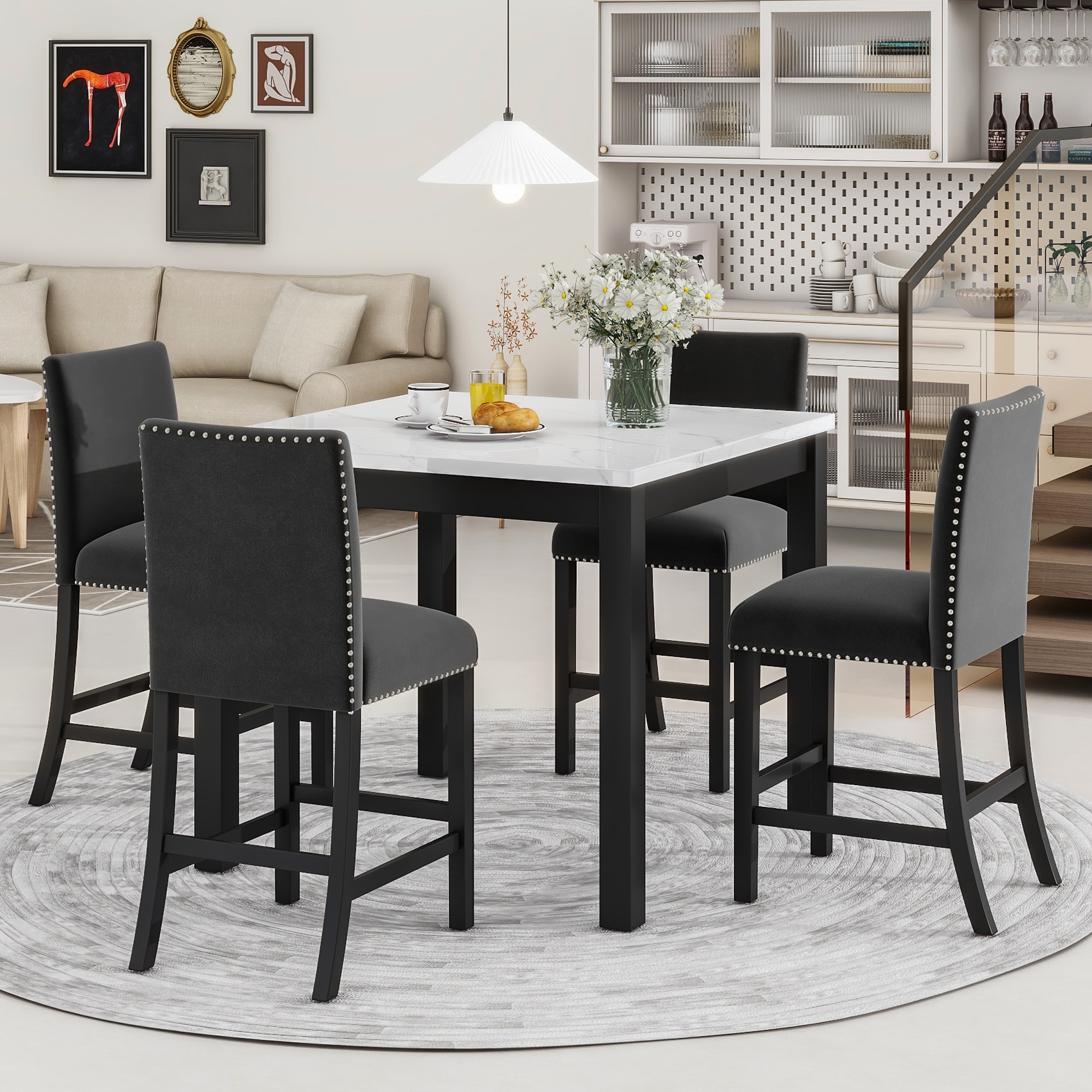 5 Piece Counter Height Kitchen Table Set, Faux Marble Top Square Dining Table with 4 Velvet Upholstered Chairs