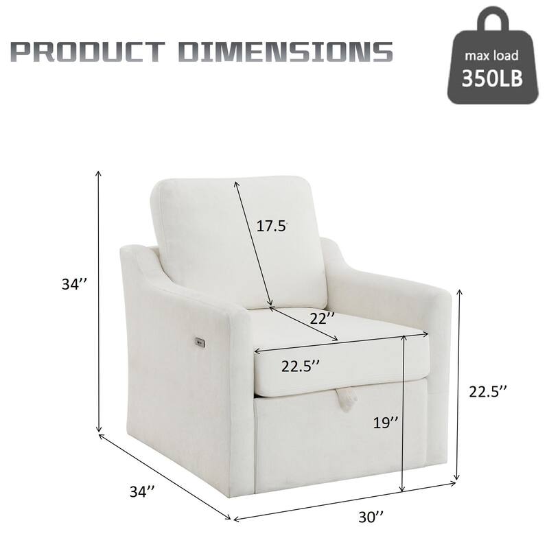 Chenille Swivel Accent Chair with USB/Type-C Charging, Book Pocket, and 360° Rotation