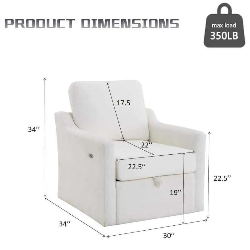 Swivel Arm Chair with USB/Type-C Charging, Accent Chair Lounge Chair with Book Pocket & Under-Seat Storage