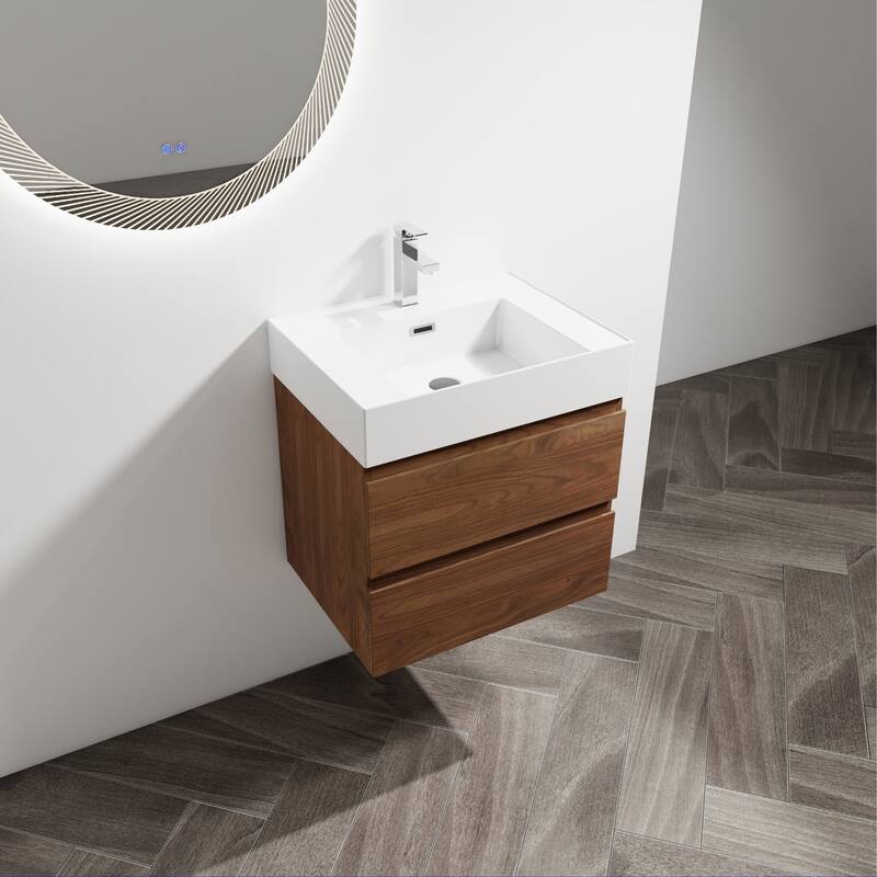 Vanity with Thick Edge Resin Sink, Soft-Close Drawers, Water-Resistant Melamine Surface (Sink and Cabinet Only)