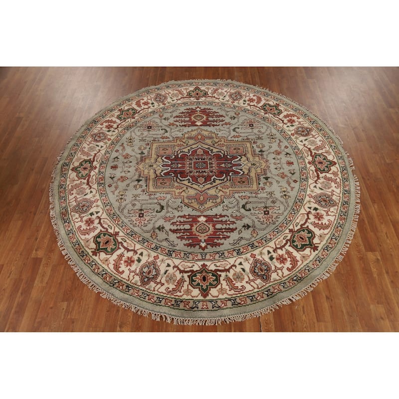 Heriz Serapi Indian Round Rug Hand-Knotted Wool Carpet - 7'10"x 7'10"