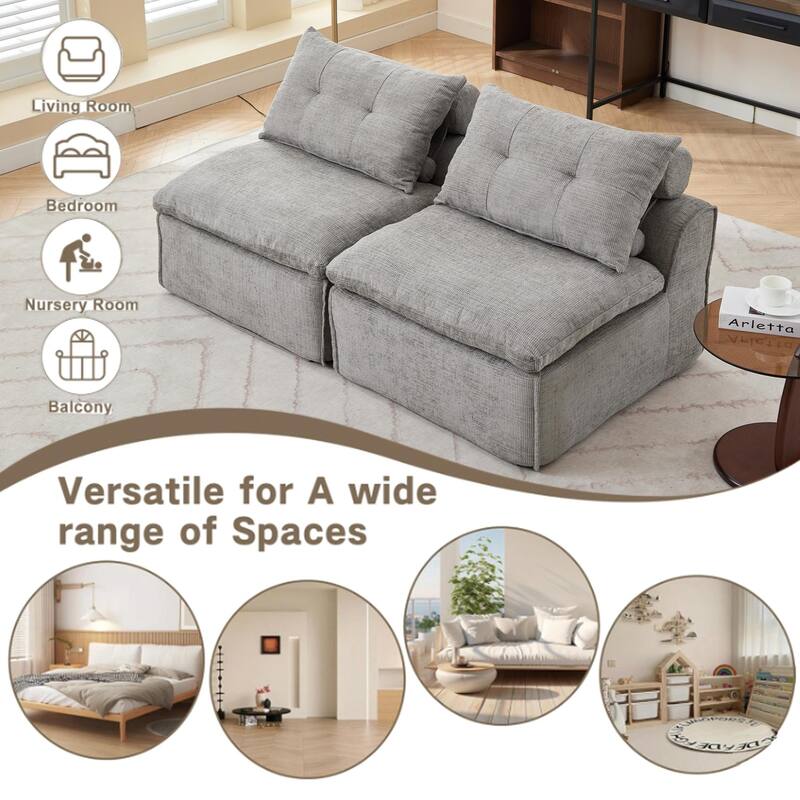 Light Gray Modular 2-Seat Upholstered Sofa, DIY, No Armrests