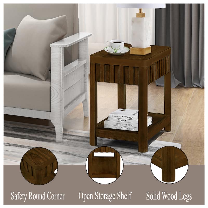 25'' Rectangular Farmhouse End Table with Storage Shelf, Sofa Side Table with Solid Wood Legs for Living Room, Bedroom, Office