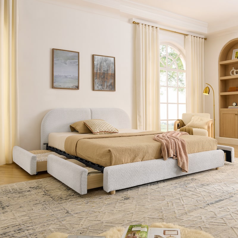 Stylish Curve-shaped Upholstered Platform Bed Frame Modern Minimalist Low Profile Bed with Curved Headboard Optional Storage Bed