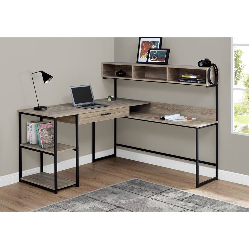 L-Shaped Computer Desk with Storage & Metal Base - Brown+Black