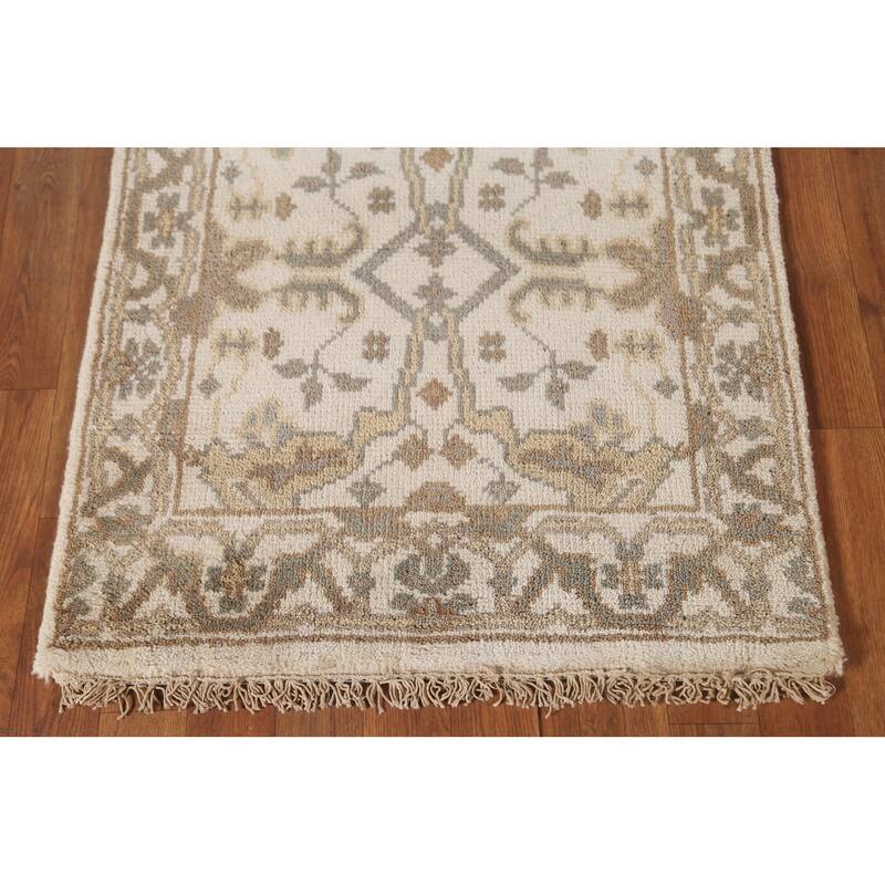 All-Over Ivory Oushak Oriental Runner Rug Hand-Knotted Wool Carpet - 2'6"x 11'9"