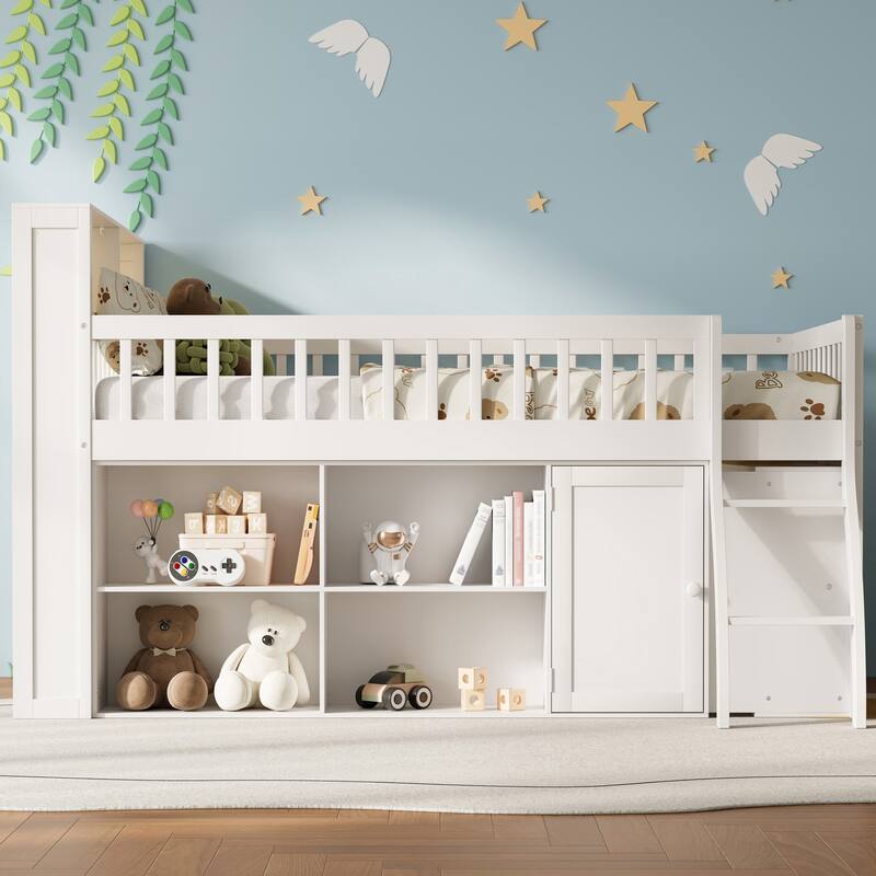 Storage Loft Bed with LED Headboard, Queen or Full Size High Sleeper Frame with Shelves