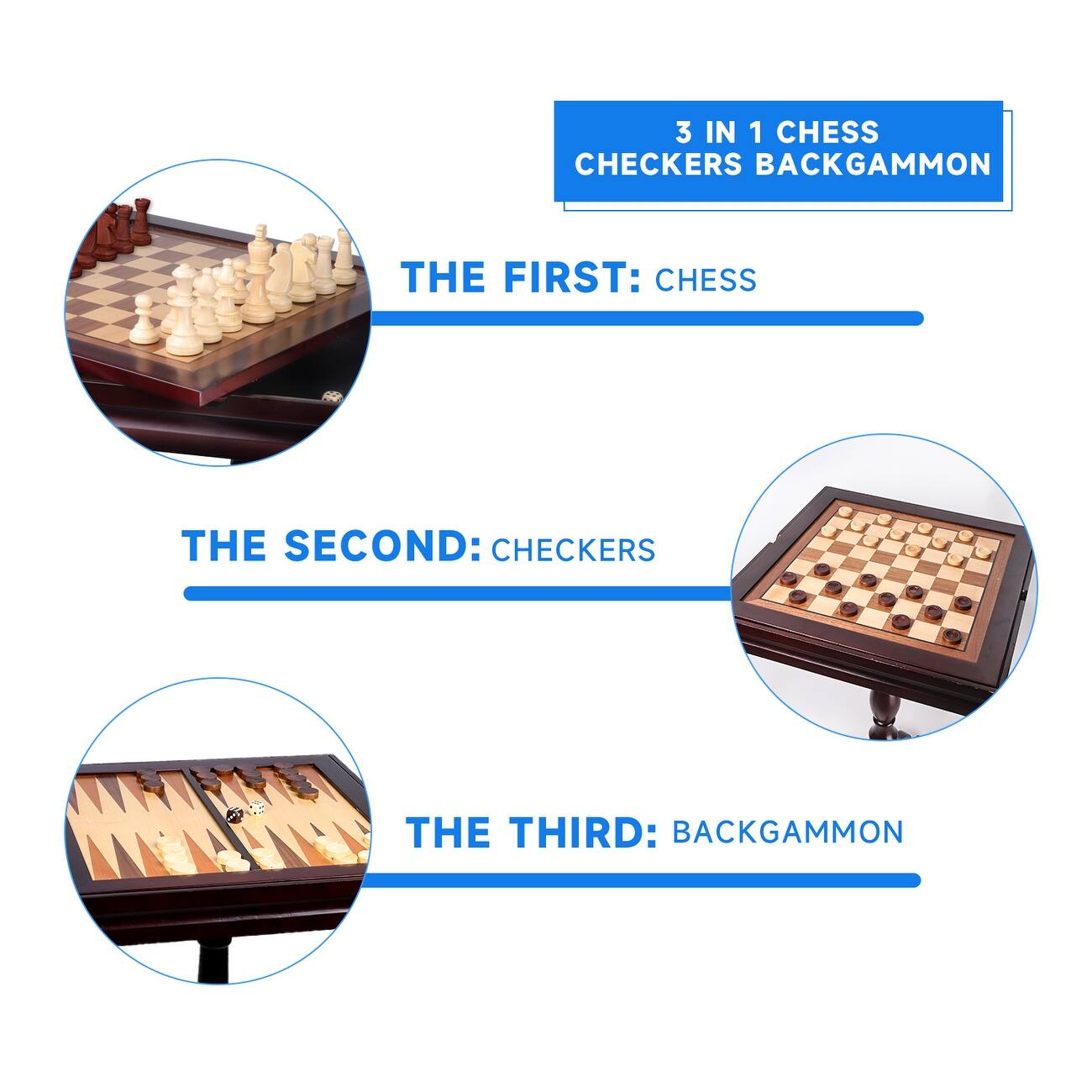 Wooden 3in1 Chess Checkers Backgammon Table, Backgammon Chess Checkers Combo Game Set On