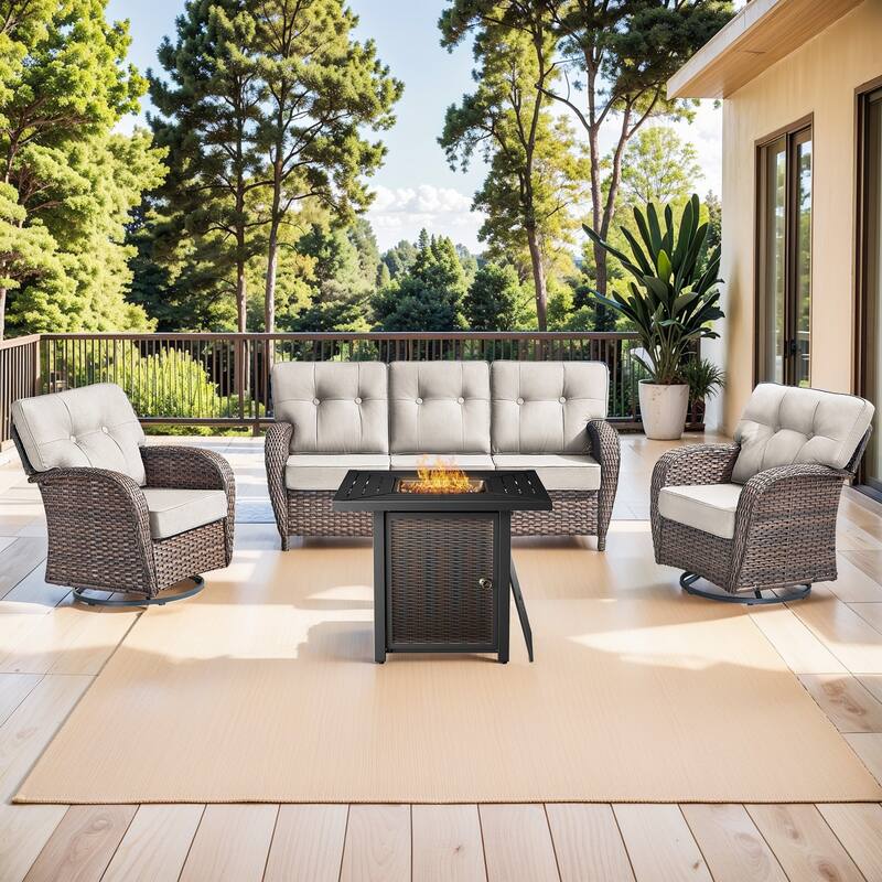 Pocassy Outdoor 30 In Fire Table with Sofa Patio Swivel Chair Set - Brown Wicker Beige Cushion - 6-Piece Sofa Swivel Chair with Fire Pit Table