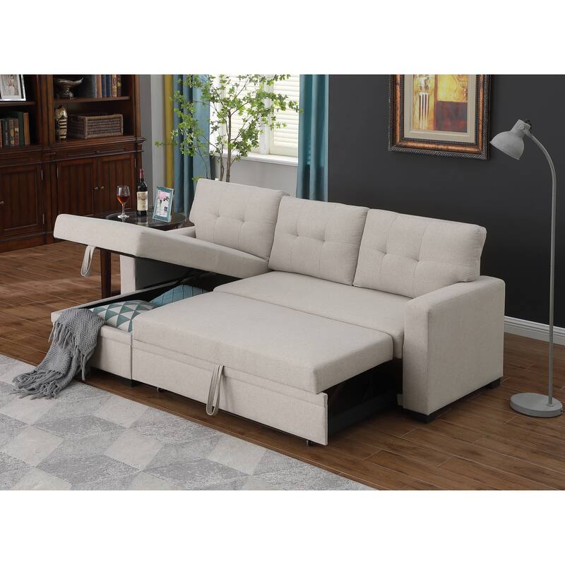 Beige Linen Upholstered Pull out Sectional Sofa with Chaise