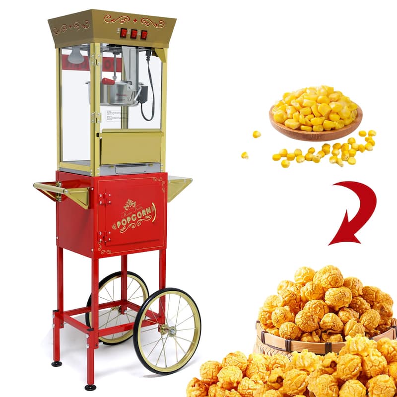 12oz Popcorn Machine Cart, Popcorn Cart with Wheels, Vintage Popcorn Machine with Stainless Steel Kettle