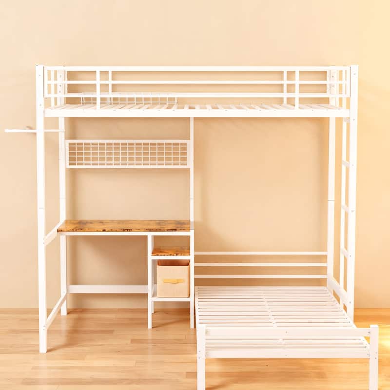 Bunk Bed Twin Over Twin Size with Desk Station L-Shaped Metal Bunk Bed Storage Shelves and Drawers Loft Beds