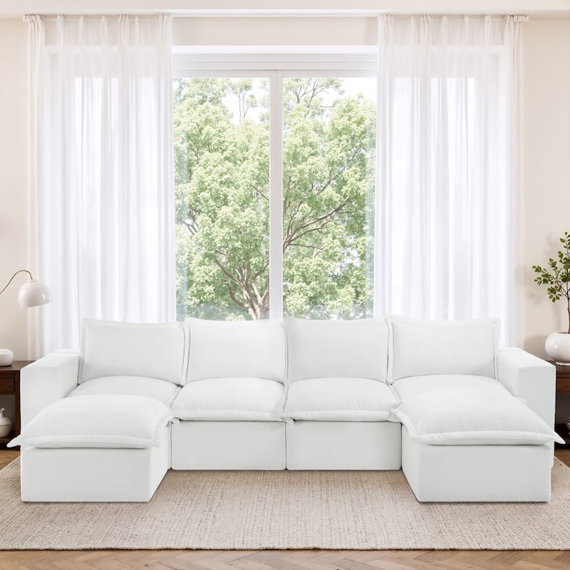 Chenille No Assembly Modular Sectional Sofa Cloud Couch with Ottoman - Beige-6Piece