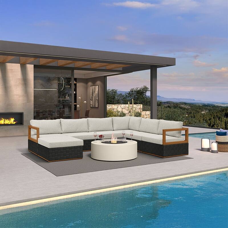 PURPLE LEAF GLFSF Black sofa with white seat Outdoor Couch for Yard Porch Deck Patio Conversation Sets - 6seats+1 Ottoman - U-shaped