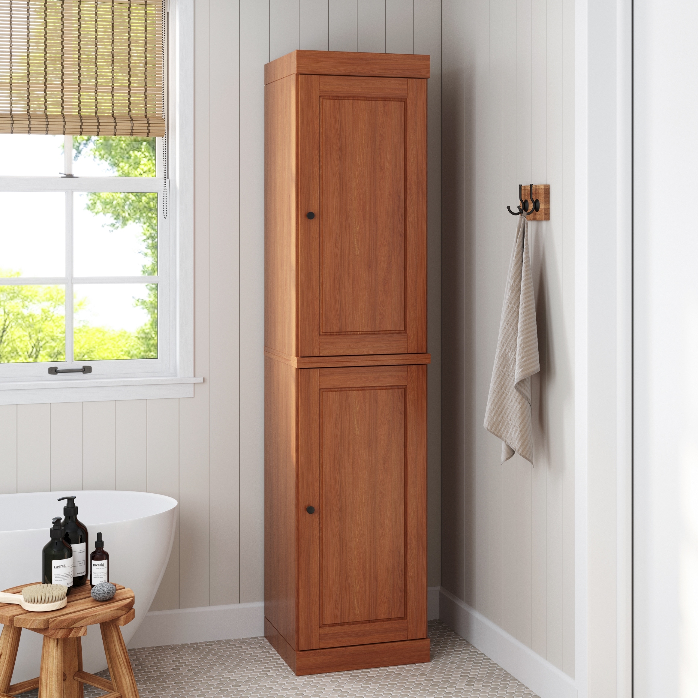 100% Solid Wood Tall Bathroom Linen Storage Cabinet with Doors & Adjustable Shelves, 16" W x 71.5" H, Palace Imports
