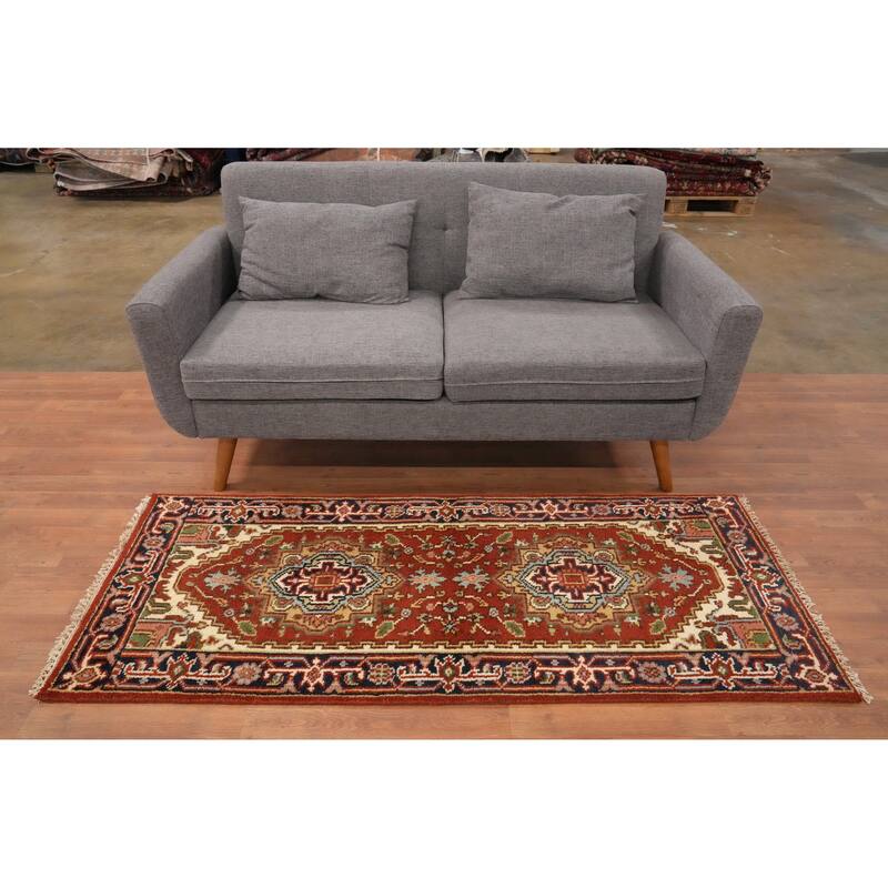 Hand Knotted Oriental 100% Wool Carpet Traditional Geometric Oranges & Rust Heriz (serapi) Runner Rug - 5' 9'' X 2' 5''