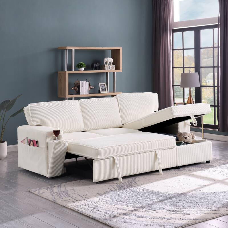 Beige Chenille Upholstery Sleeper Sectional Sofa with Storage Space