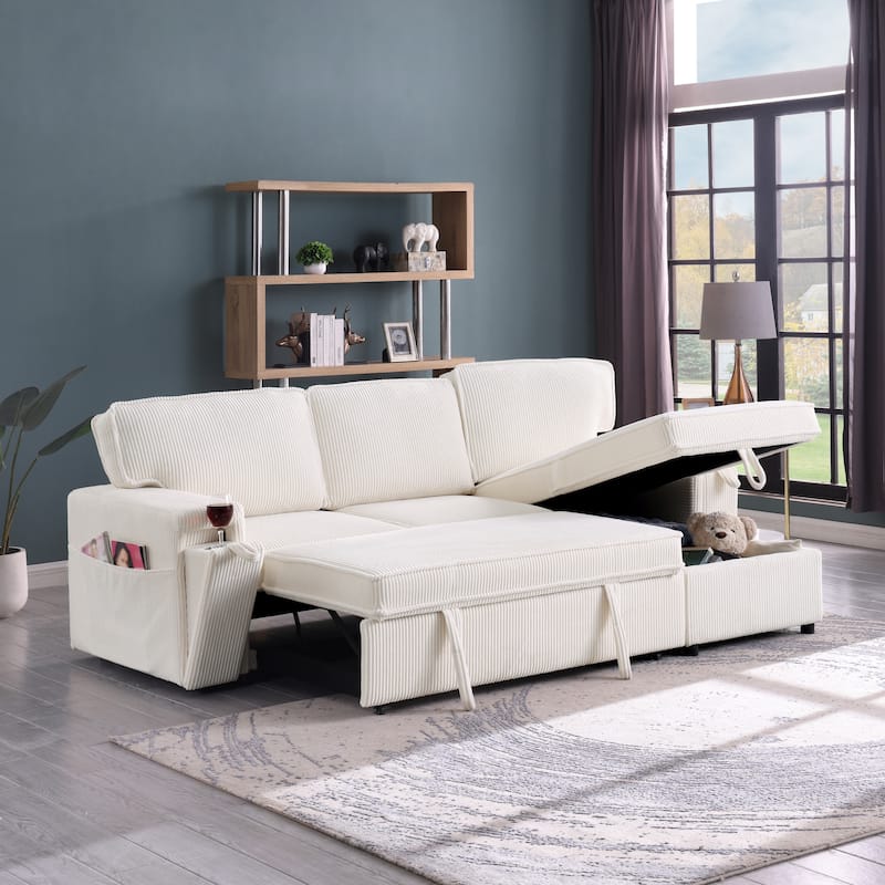 Pull Out Sleeper Sectional Sofa Bed Corduroy L-shaped Couch with Reversible Storage Chaise, Side Pockets and Hidden Cup Holders
