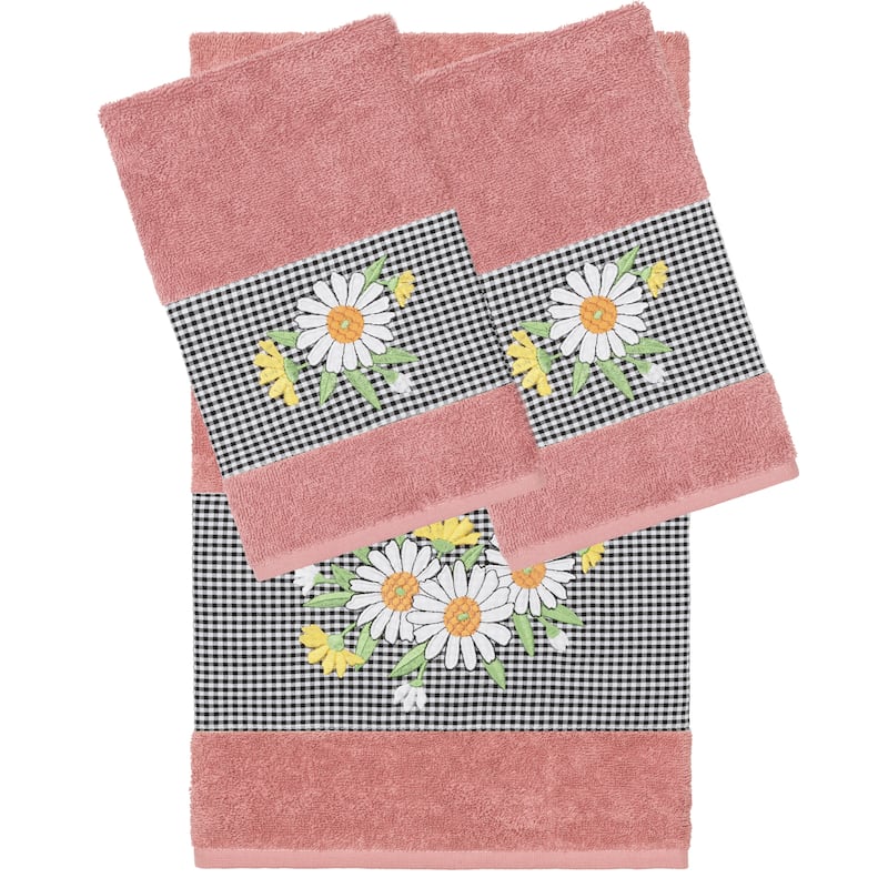Authentic Hotel and Spa 100% Turkish Cotton Daisy 3PC Embellished Towel Set - Tea Rose