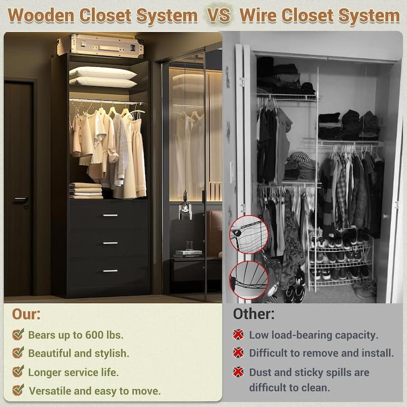 Kyrvo 24" Freestanding Closet Organizer System with Hanging Rod & Shelves,Heavy Duty Closet System with 3 Wood Drawers