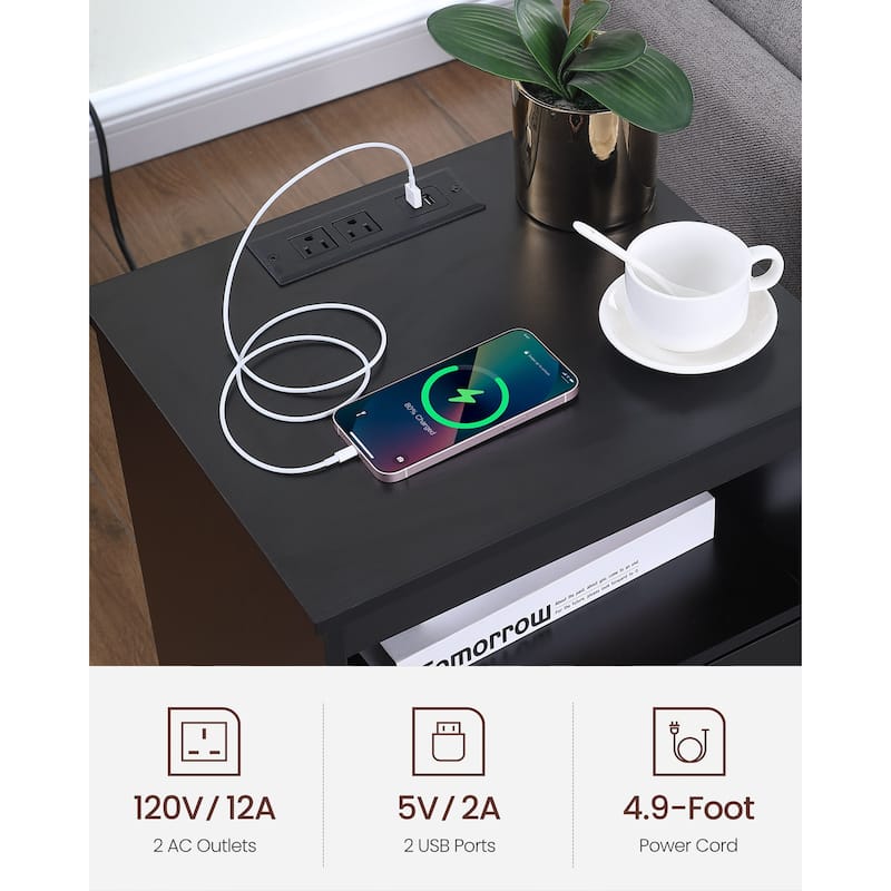 Nightstand with Charging Station,End Table with 2 Drawers,Wooden End Table with Drawer and Opening Shelf