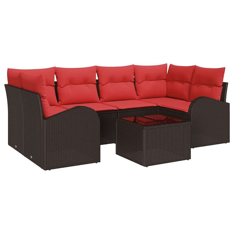 vidaXL 7 Garden Sofa Set with Cushions Black/Brown/Grey Poly Rattan - 92.1 x 48.8 x 27.2