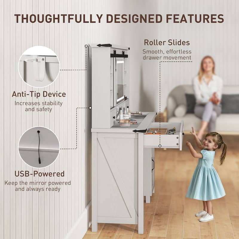 HOMCOM Vanity Desk with Mirror and Lights, 42" Glass Top Makeup Vanity Table Set with 3 Color Lighting, Shelves for Bedroom