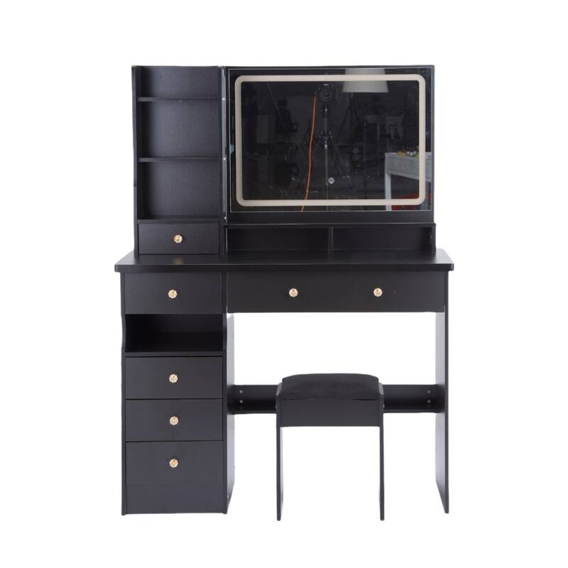 41" Vanity Set with 3-Color Adjustable LED Mirror & Cushioned Stool - Black