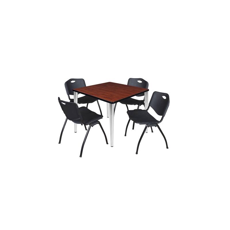 36 in. Square Breakroom Table- Cherry Top, Chrome Base & 4 M Stack Chairs- Black