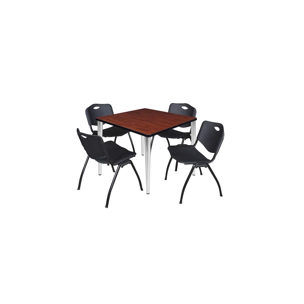 42 in. Square Breakroom Table- Cherry Top, Chrome Base & 4 M Stack Chairs- Black
