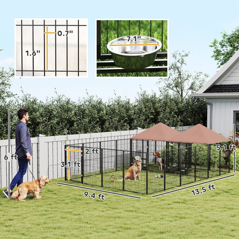 PawHut Dog Kennel Outside with 2 Rooms, Large Outdoor Dog Kennel with Rotating & Adjustable Height Bowls, 13.5' x 9.4' x 5.1'