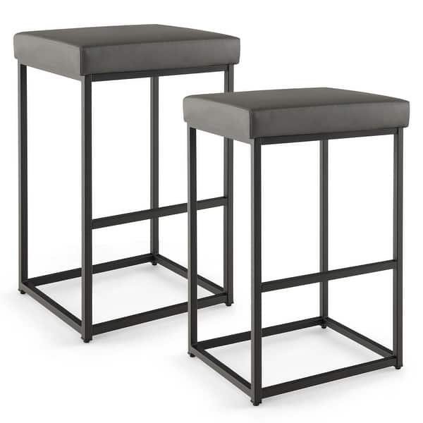 slide 2 of 7, Costway 30" Barstools Set of 2 Upholstered Bar Height Chairs PU - See Details Grey