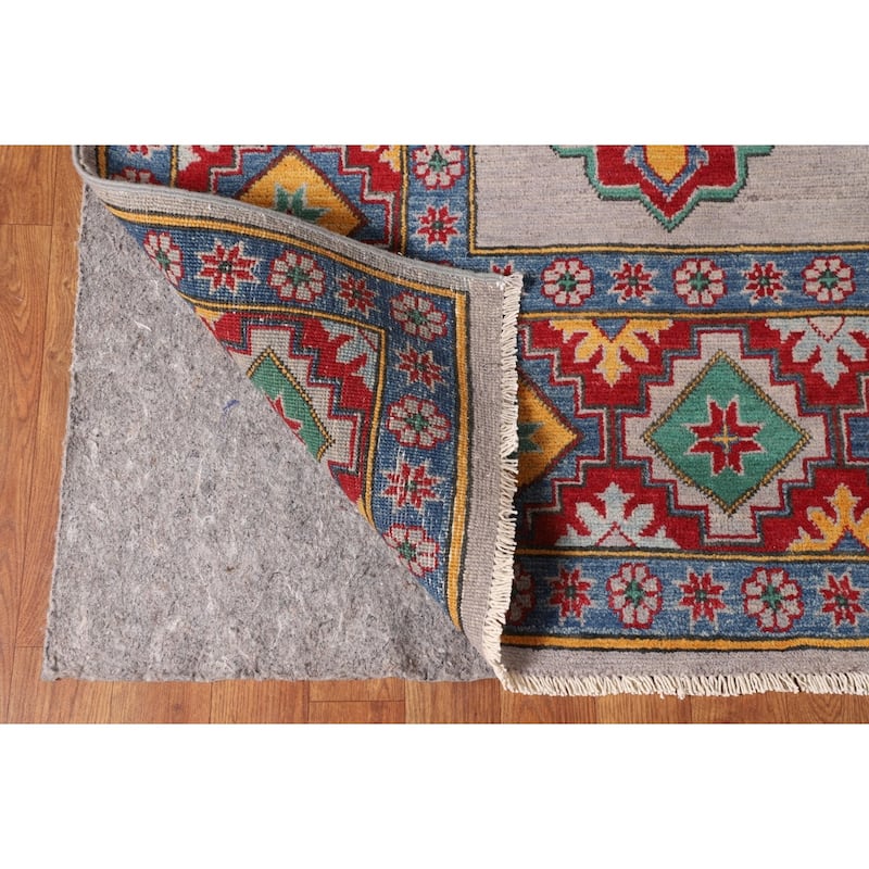 Grey Geometric Kazak Area Rug Hand-Knotted Wool Carpet - 8'2"x 11'5"