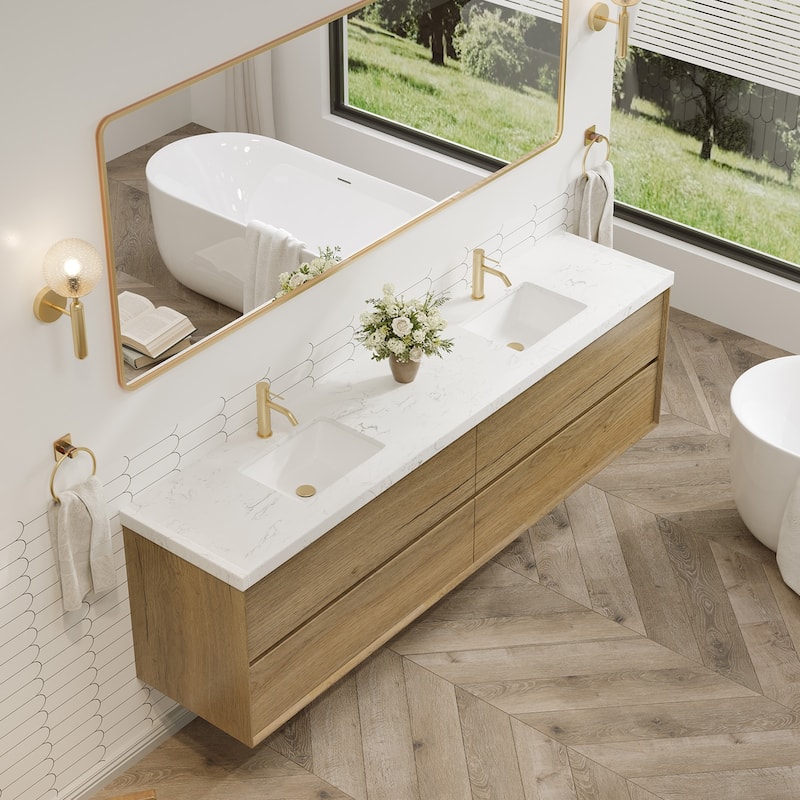 24"30"36"48"60"72"84" Floating Bathroom Vanity Engineered Stone Top with Rectangular Ceramic Undermount Sink