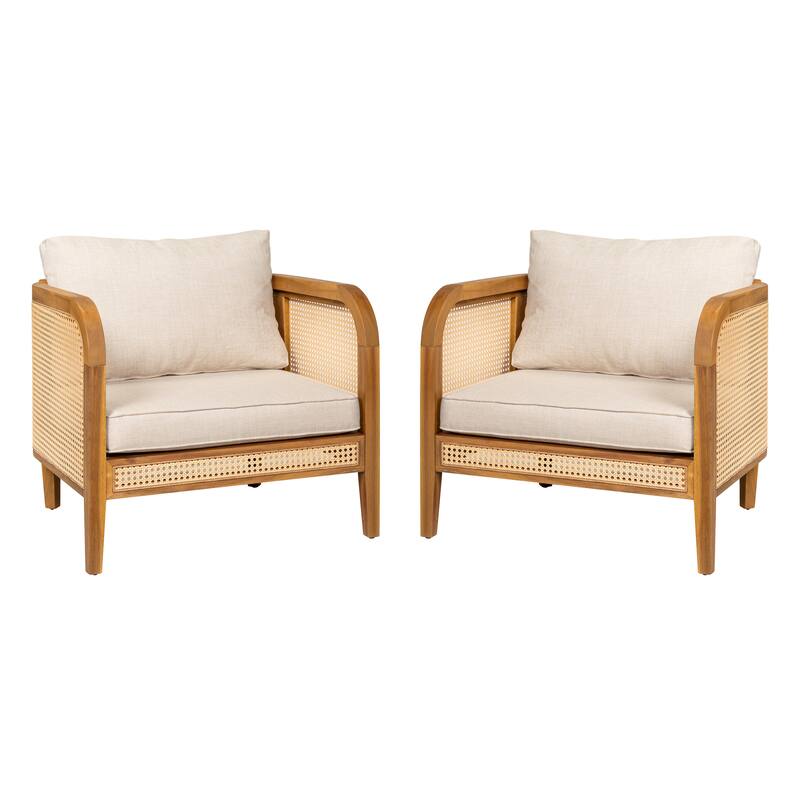 Roomfitters Kirkby Outdoor Acacia Wood Arm Chair with Wicker Back and Cushion, Teak Finish and Beige