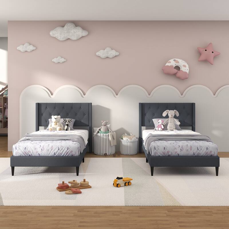 Upholstered Platform Bed with Button Tufted Wingback Headboard