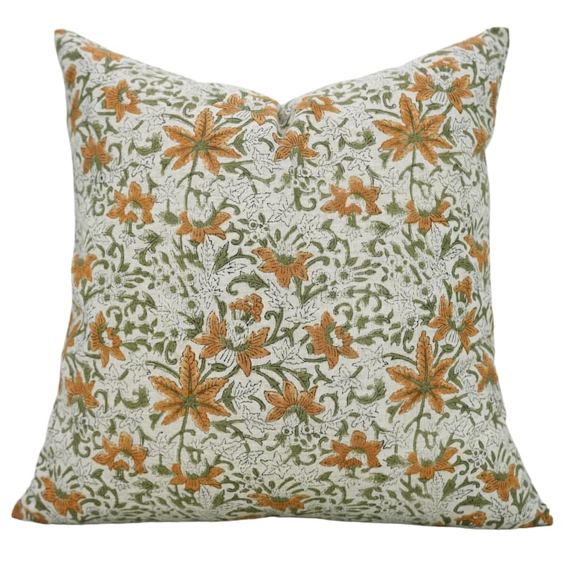 Fabdivine Handmade Dark Blue Block Print Cushion Cover Floral Linen for Living Room Sofa Chair Hotel, Home Decoration, Gopi - Saptrishi- Orange, Green - 24" x 24" - Pillow Covers