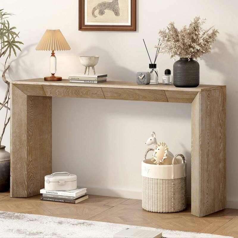60" Farmhouse Console Table with 2 Concealed Drawers and Durable Waterfall Design