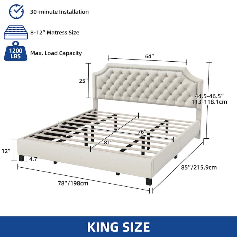 Moasis Linen Upholstered Platform Bed Velvet Bed Frame with Adjustable Headboard - Beige - King