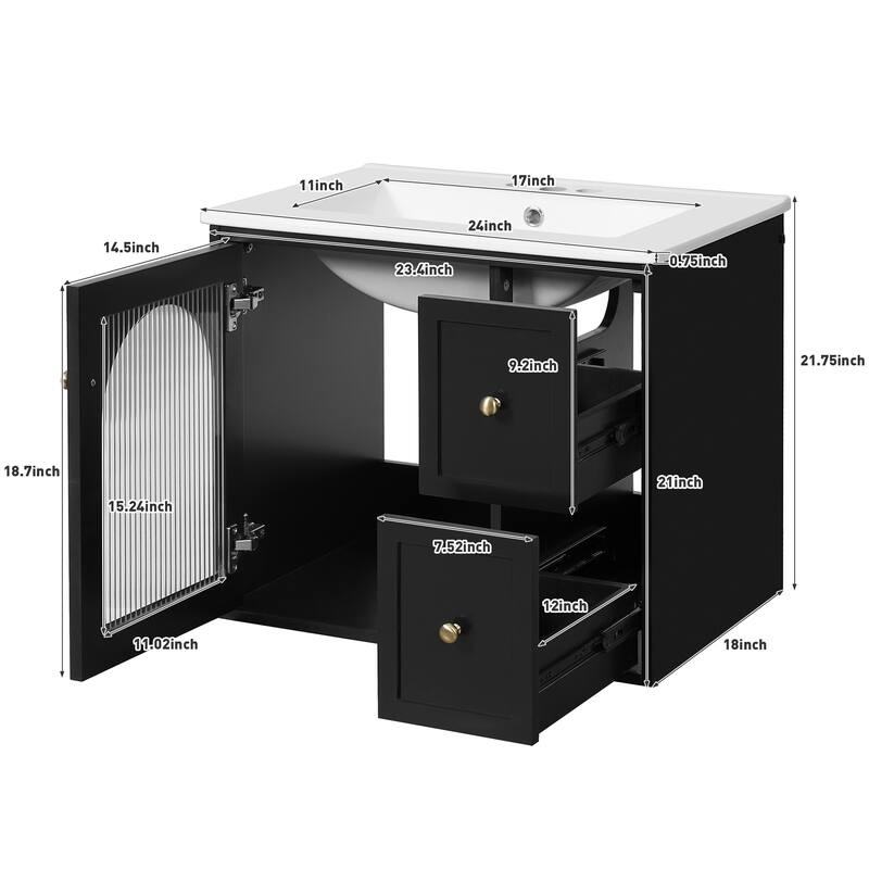 24" Wall Mounted Bathroom Vanity with Ceramic Sink, Floating Bathroom Storage Cabinet with Drawers & Glass Door