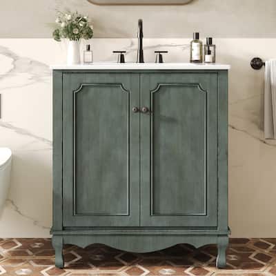 30" Vintage Beautifully Bathroom Vanity Storage Cabinet with Antique Handles, Rubber Wood Legs and Adjustable Shelves
