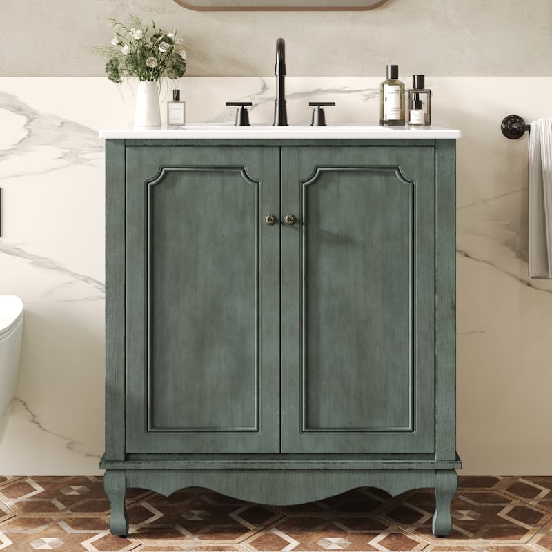 30-Inch Vintage Bathroom Vanity, Rectangle Ceramic Sink, 2 Doors, Solid Wood Legs and Adjustable Shelves - Antique Blue Green - 30"