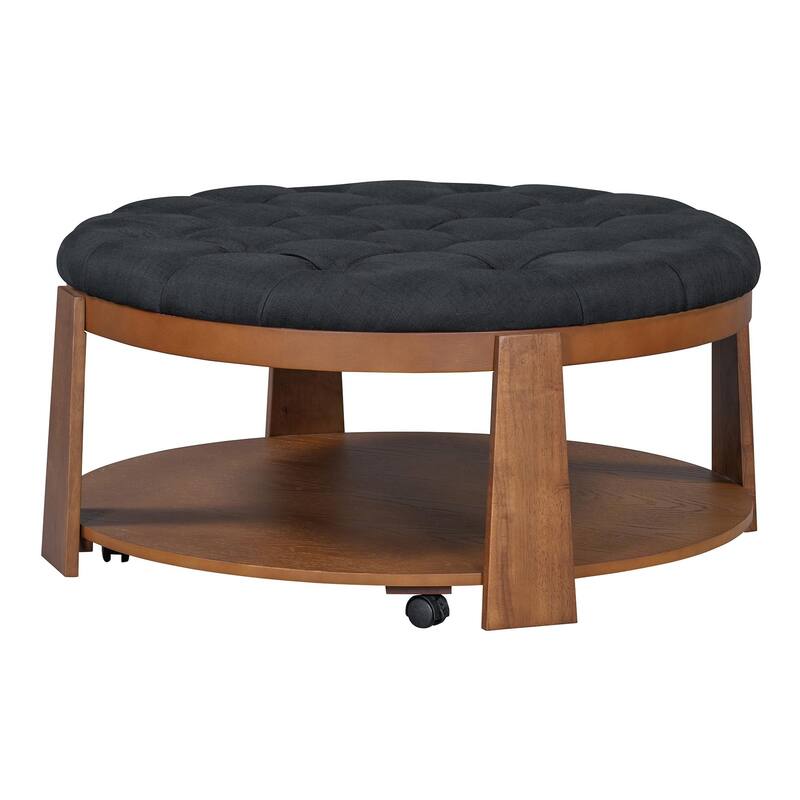 Modern Oversized Round Ottoman Coffee Table, 2-Tier Button Tufted Design