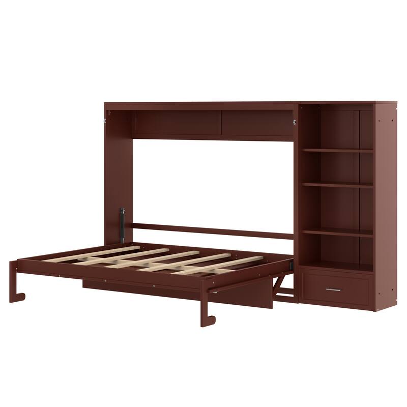 Queen Size Murphy Bed with Height Adjustable Storage Compartments and Shelf With 1 Drawer for Bedroom
